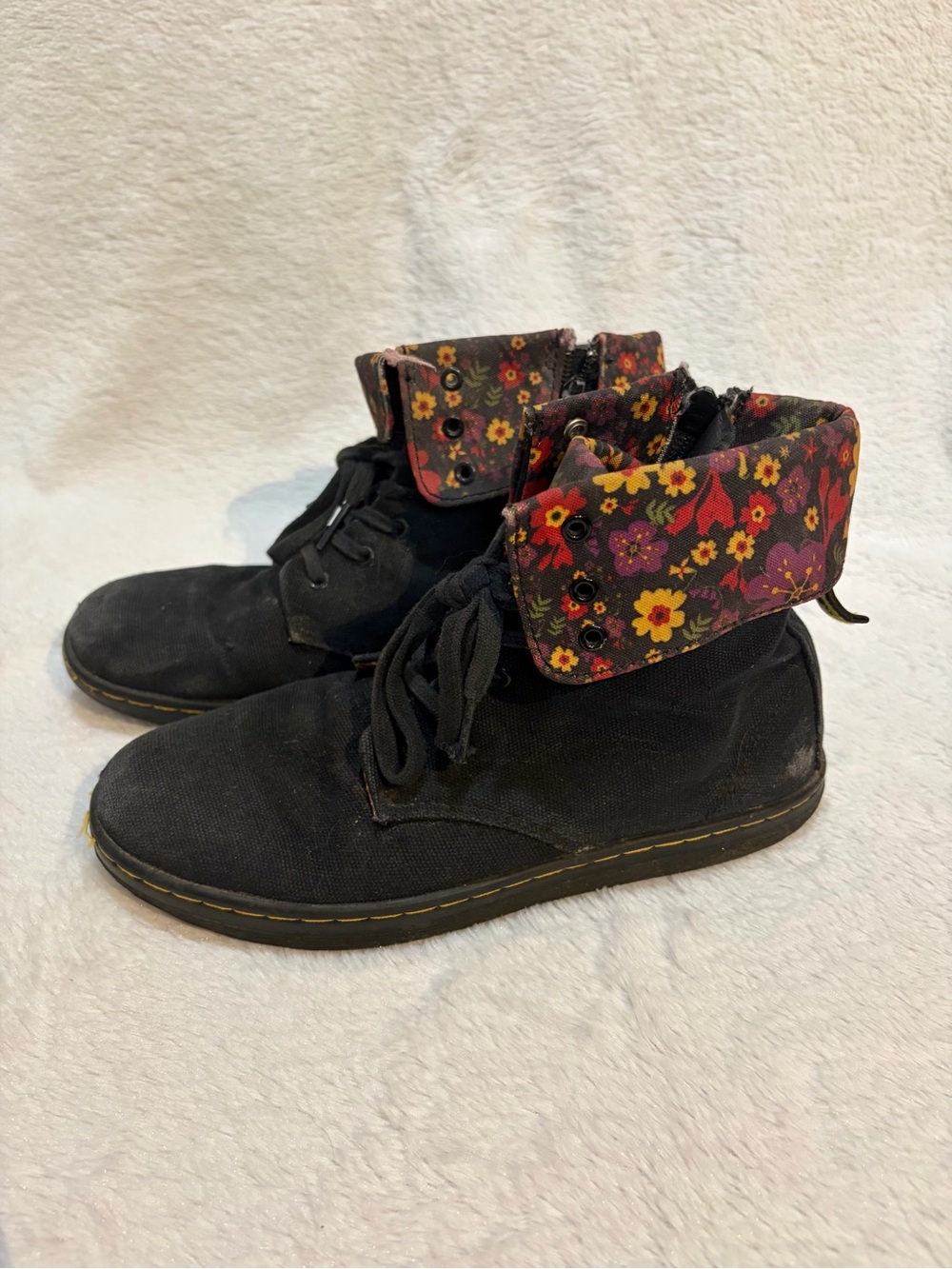 Dr. Martens Black Canvas Lace-Up, Zipper, Ankle Boots with Floral Cuff